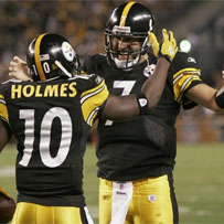 Ben and Santonio celebrate the first touchdown of the 2009 NFL season last night.