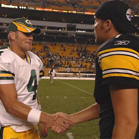 Ben and Brett share a brief handshake during the 2007 Preseason.