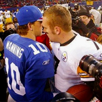 Ben and Eli Manning on the field  after the Steelers 33-30 victory over the New York Giants on December 19, 2004.