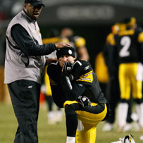 Coach Tomlin and Ben wait for the game winning touchdown call to be confirmed by instant replay.